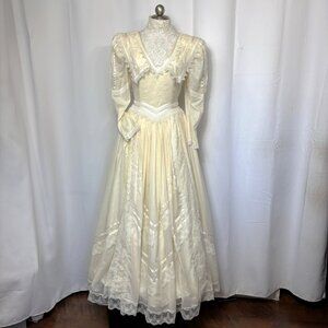 Vtg 80s Jessica McClintock Victorian Revival Prom Bridal Ivory Dress Sz 8